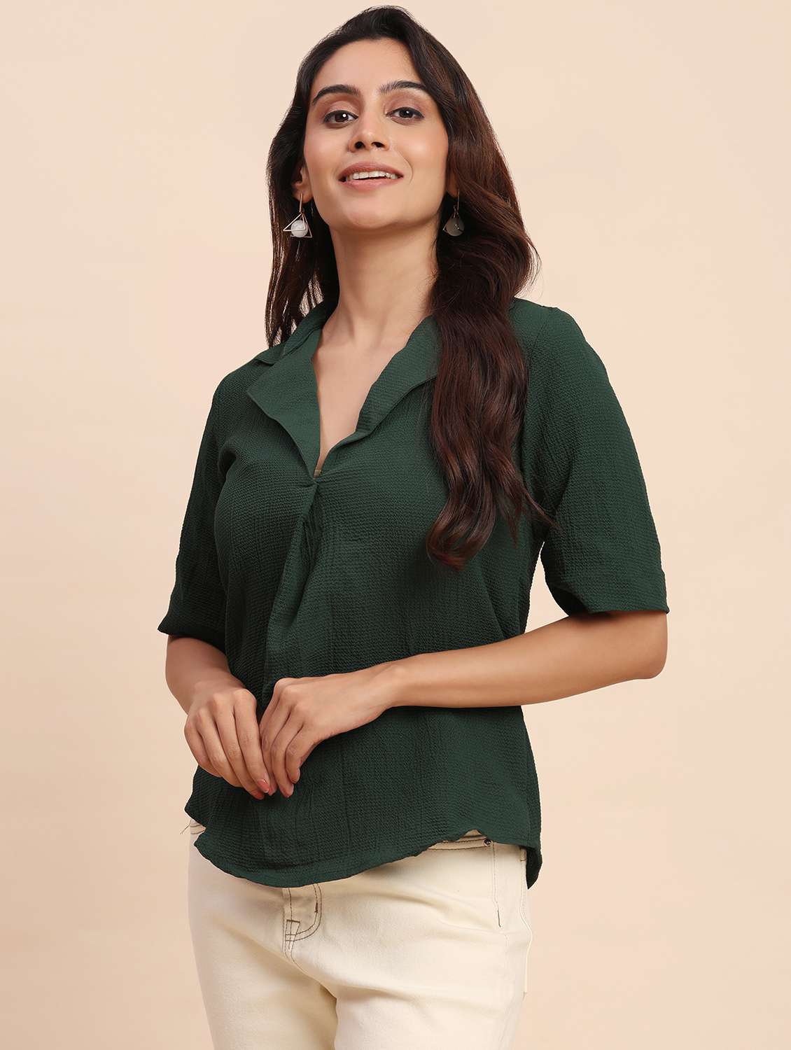 women solid short sleeve lapel collar shirt top - 22083575 - Standard Image - 1