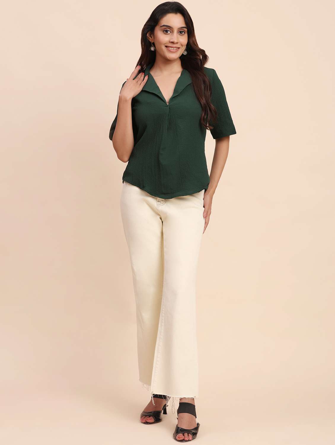 women solid short sleeve lapel collar shirt top - 22083575 - Standard Image - 4
