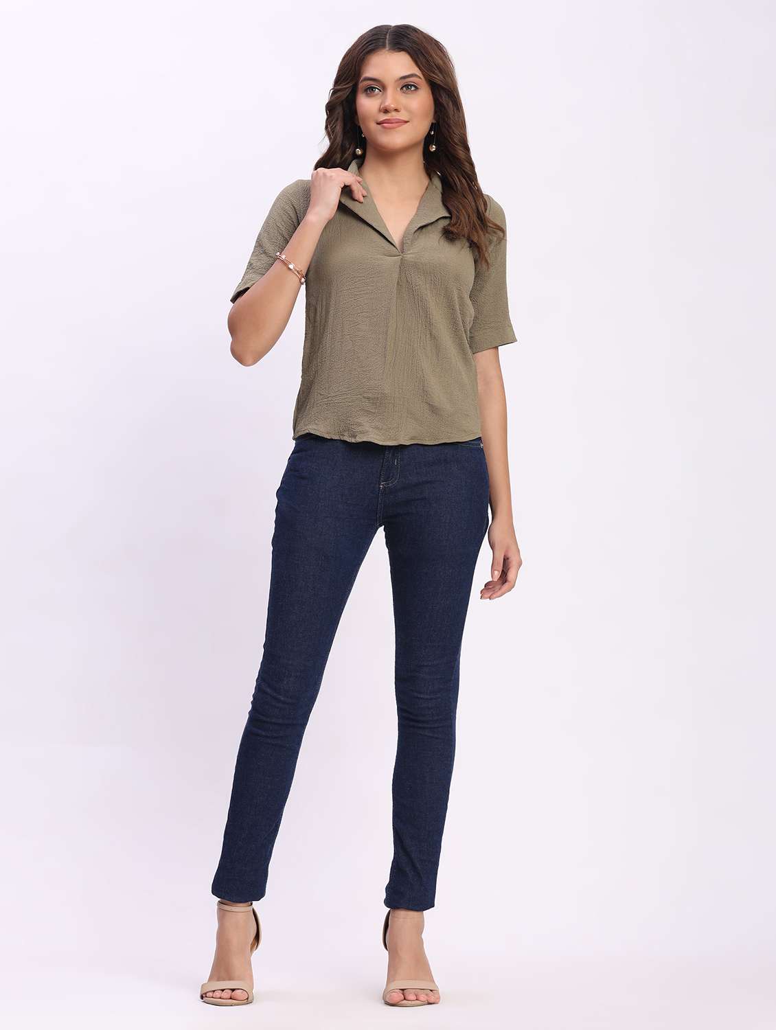 women solid short sleeve lapel collar shirt top - 22083576 - Standard Image - 4