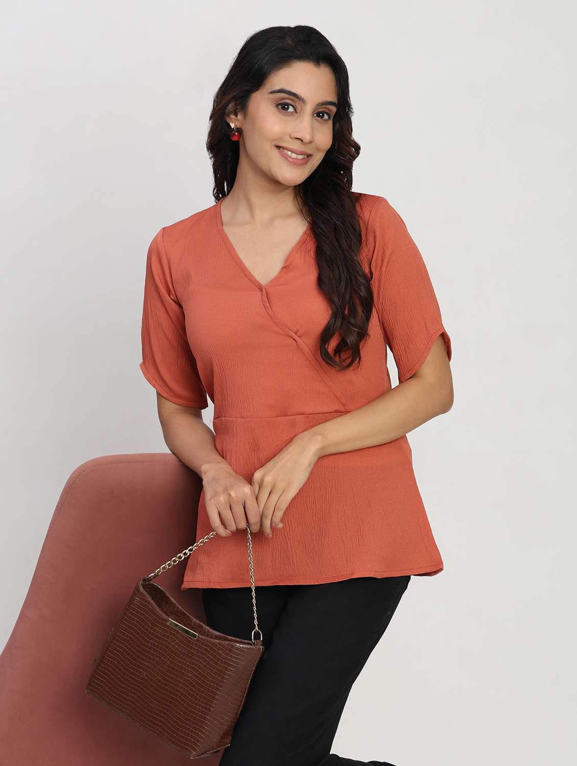 women solid short sleeve overlap neck peplum top