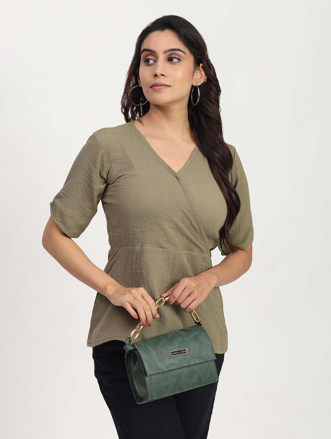 women solid short sleeve overlap neck peplum top