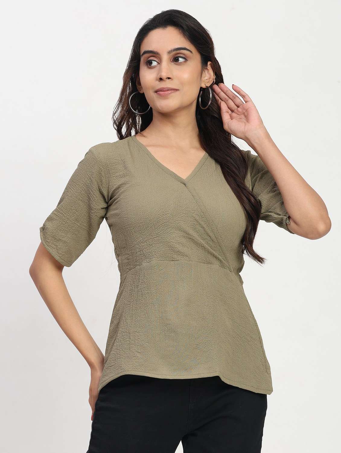 women solid short sleeve overlap neck peplum top - 22083579 - Standard Image - 1