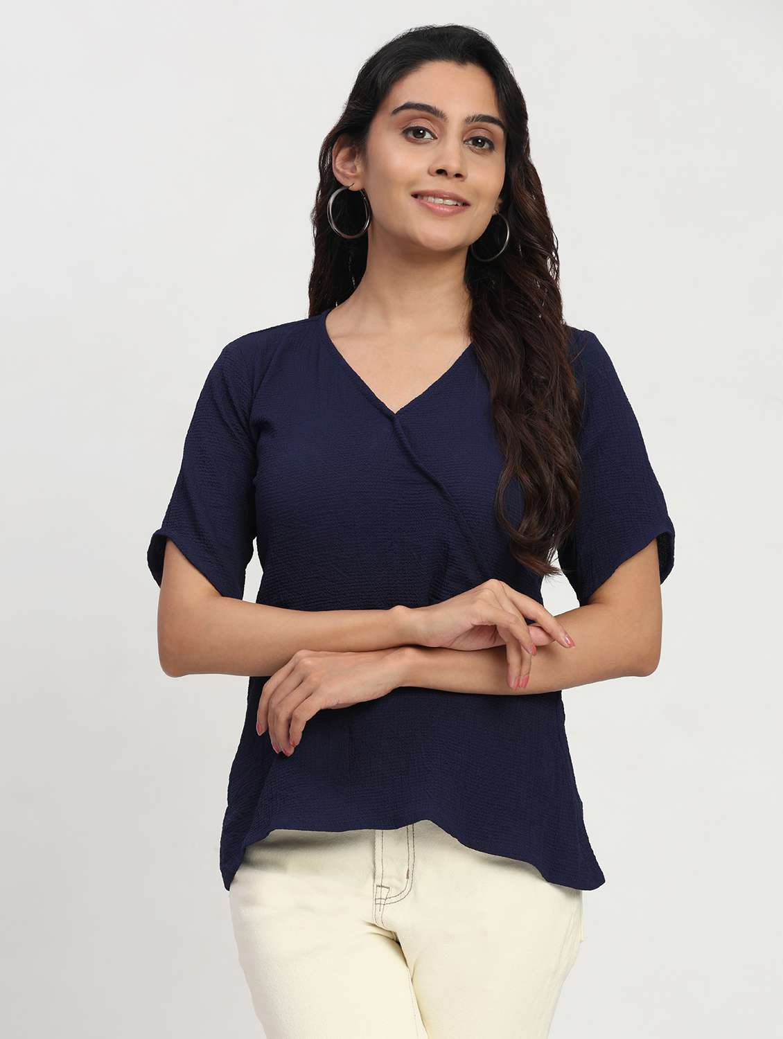 women solid short sleeve overlap neck peplum top - 22083580 -  Standard Image - 1