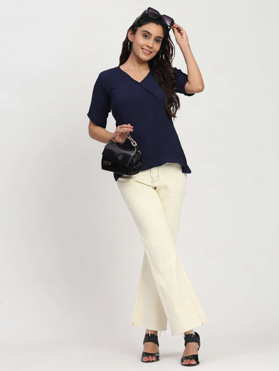 women solid short sleeve overlap neck peplum top - 22083580 - Standard Image - 4