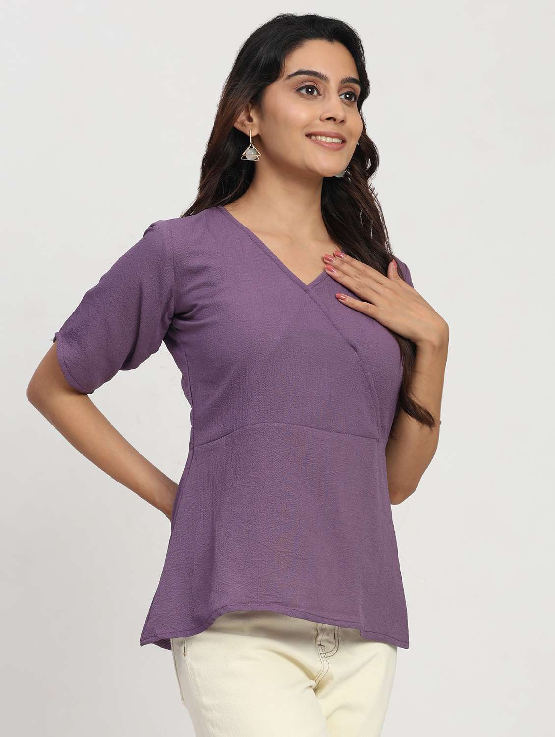 women solid short sleeve overlap neck peplum top - 22083581 -  Standard Image - 1