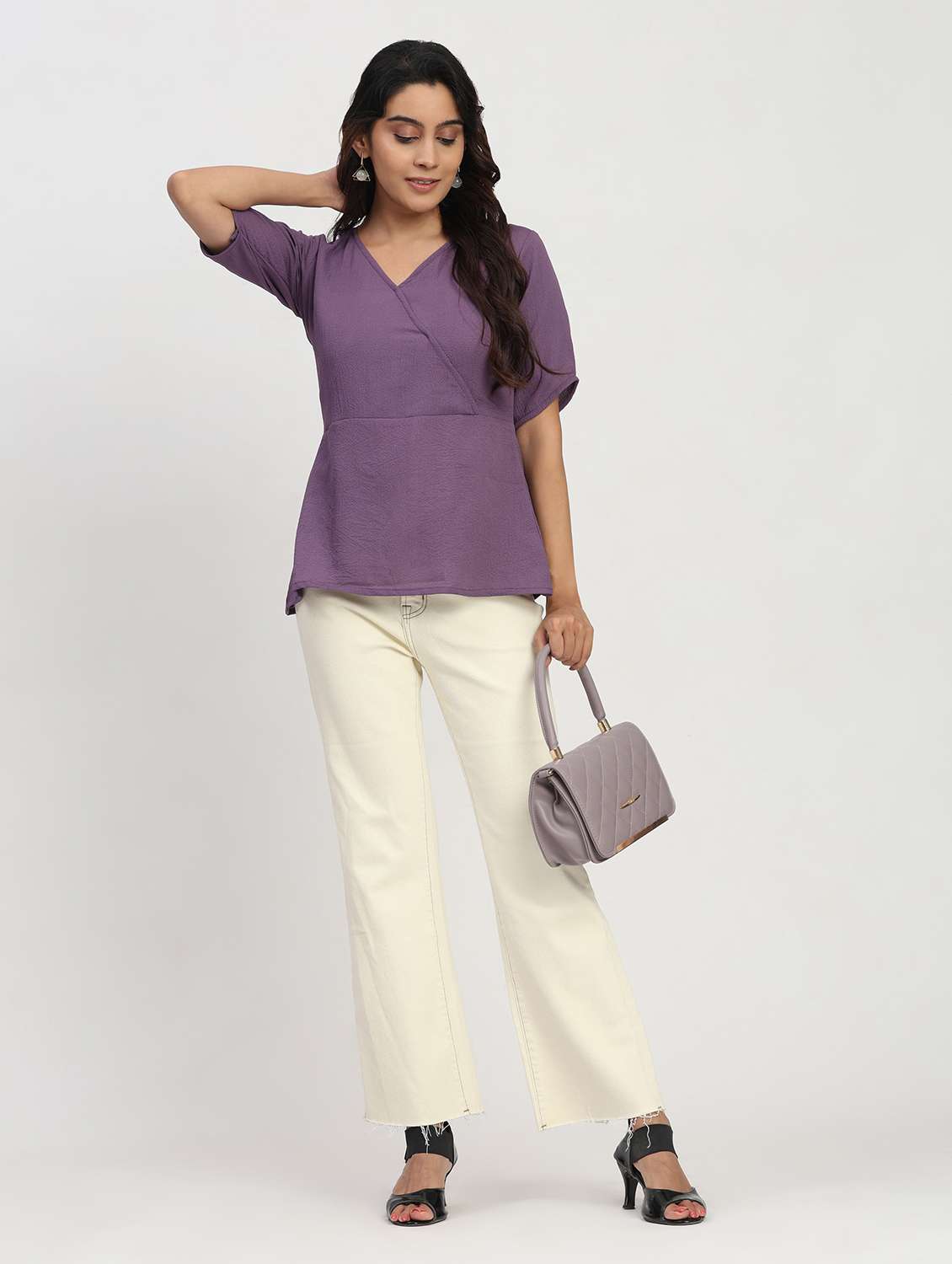 women solid short sleeve overlap neck peplum top - 22083581 - Standard Image - 4