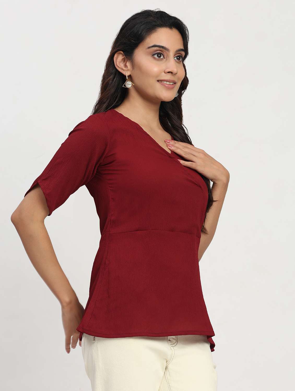 women solid short sleeve overlap neck peplum top - 22083582 -  Standard Image - 1