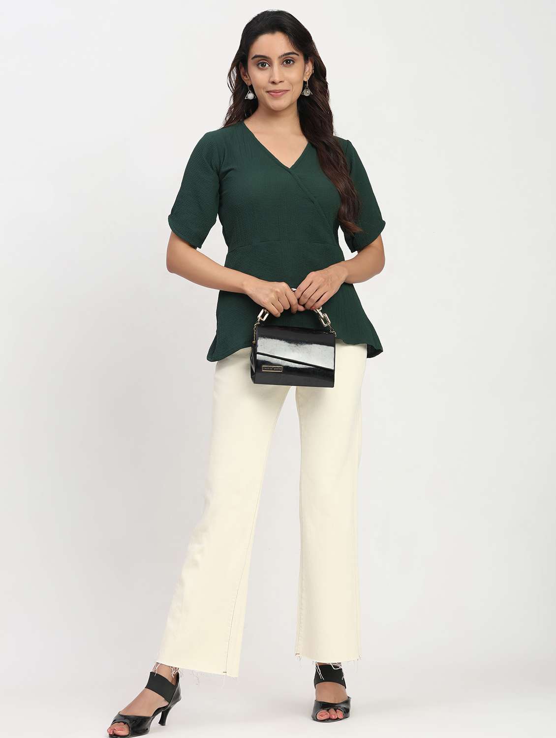 women solid short sleeve overlap neck peplum top - 22083583 - Standard Image - 6