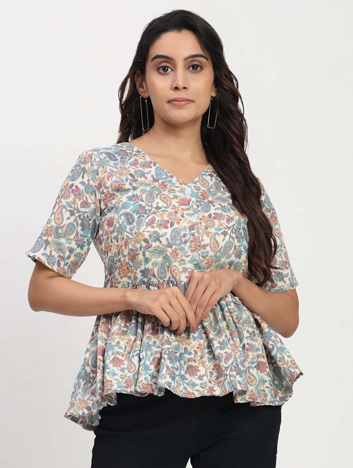 women printed short sleeve overlap neck peplum top - 22083584 -  Standard Image - 1