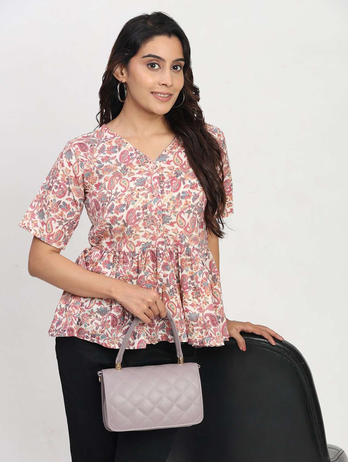 women printed short sleeve overlap neck peplum top