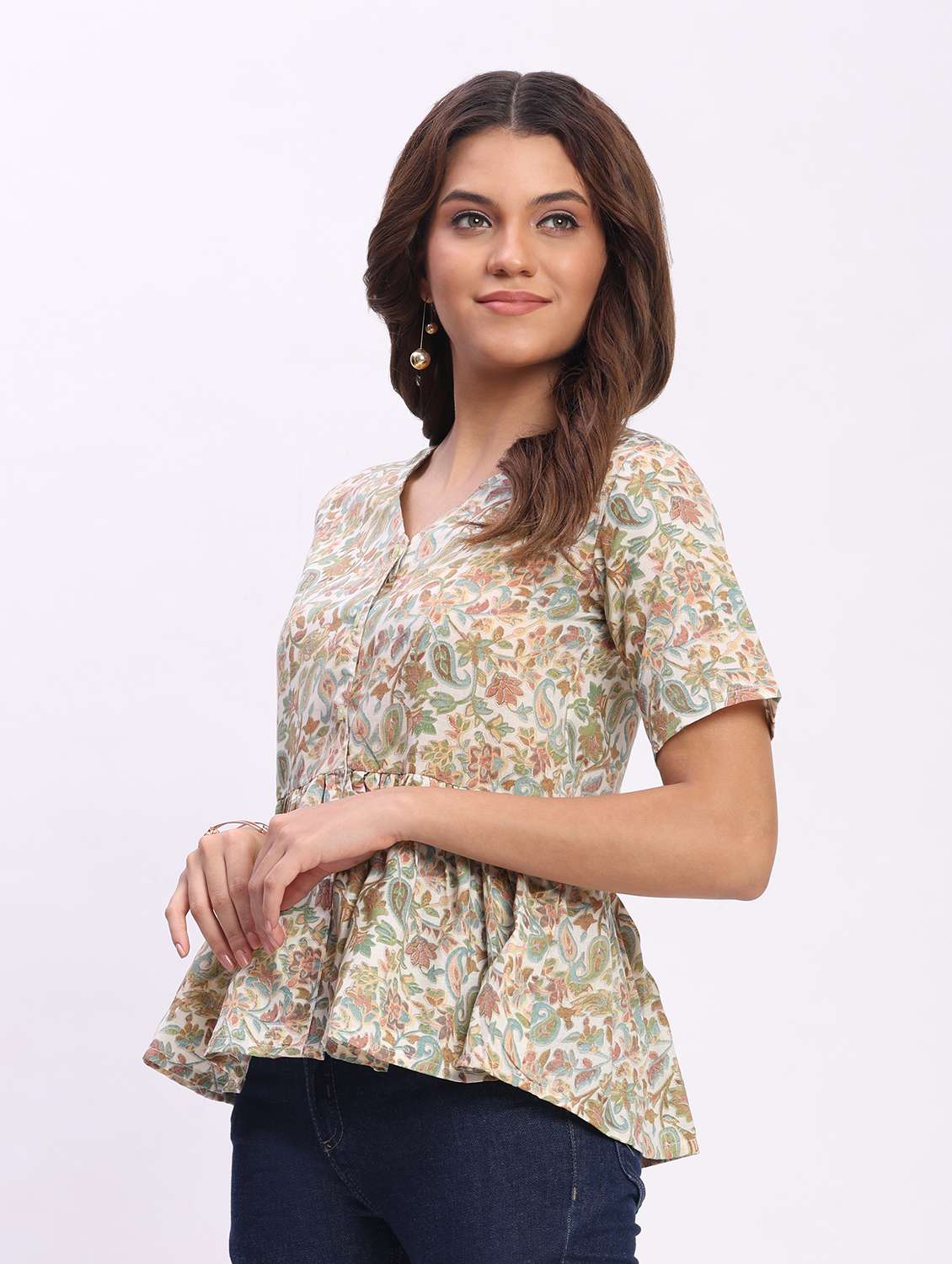 women printed short sleeve overlap neck peplum top - 22083586 - Standard Image - 1