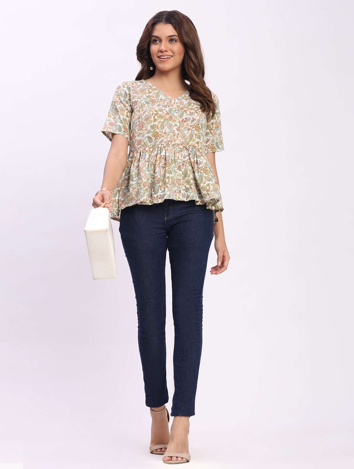 women printed short sleeve overlap neck peplum top - 22083586 - Standard Image - 4