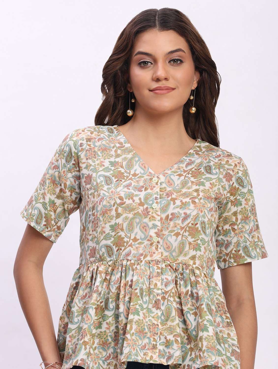 women printed short sleeve overlap neck peplum top - 22083586 - Standard Image - 6