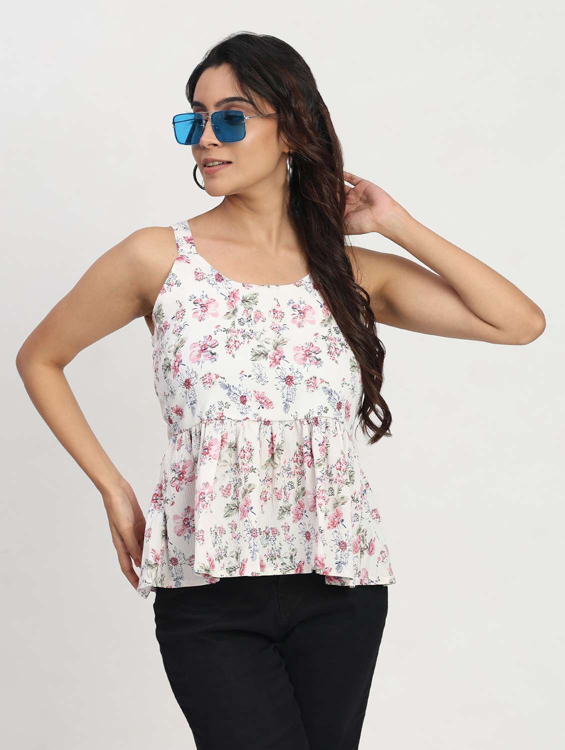 women printed shoulder strap peplum top - 22083588 -  Zoom Image - 0