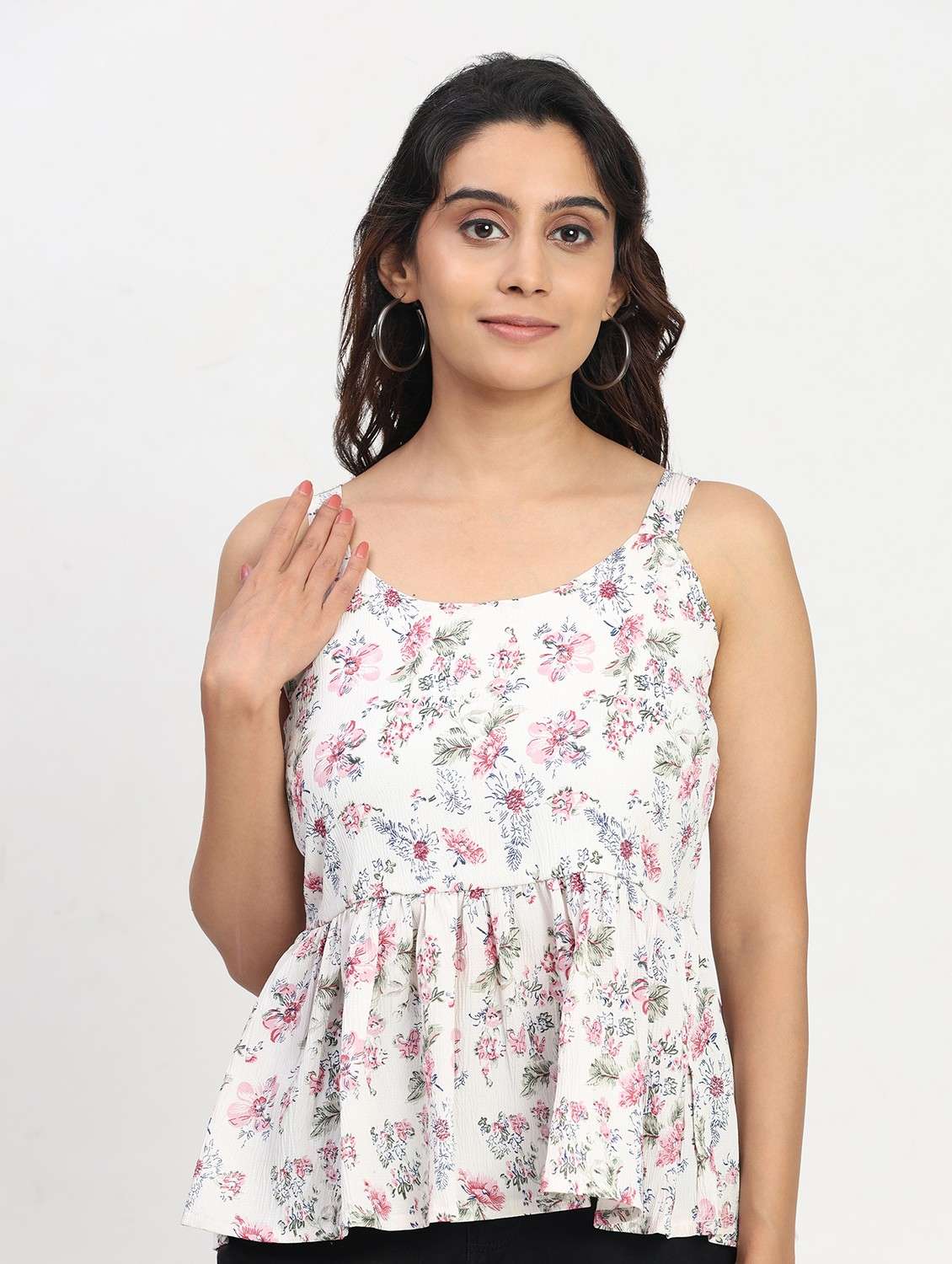 women printed shoulder strap peplum top - 22083588 - Standard Image - 1