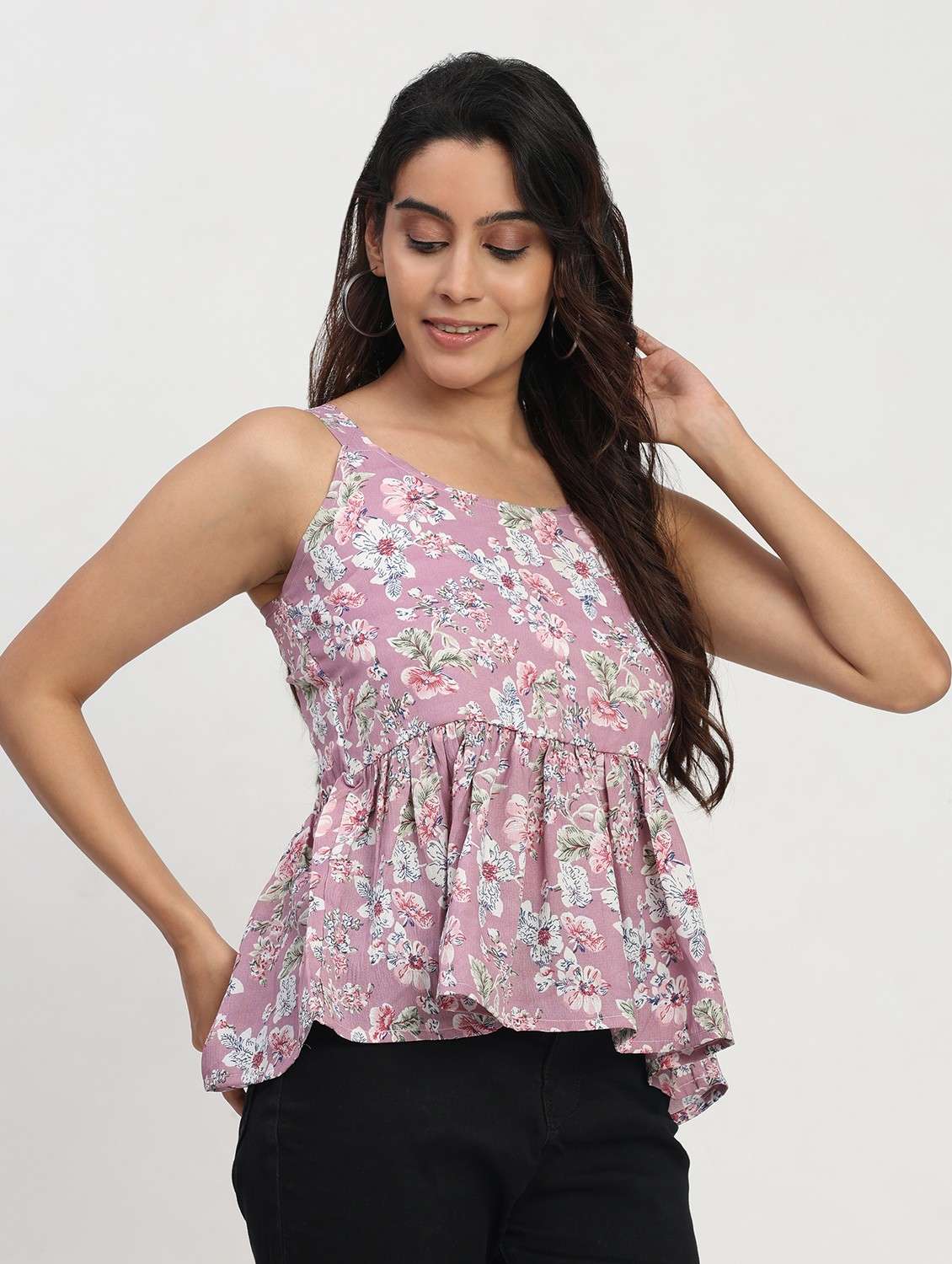 women printed shoulder strap peplum top - 22083589 - Standard Image - 1