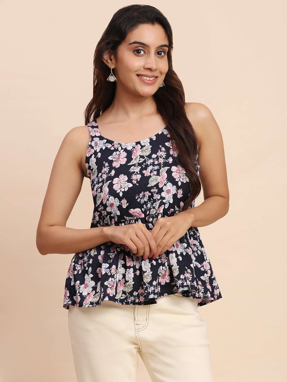 women printed shoulder strap peplum top - 22083590 - Standard Image - 1
