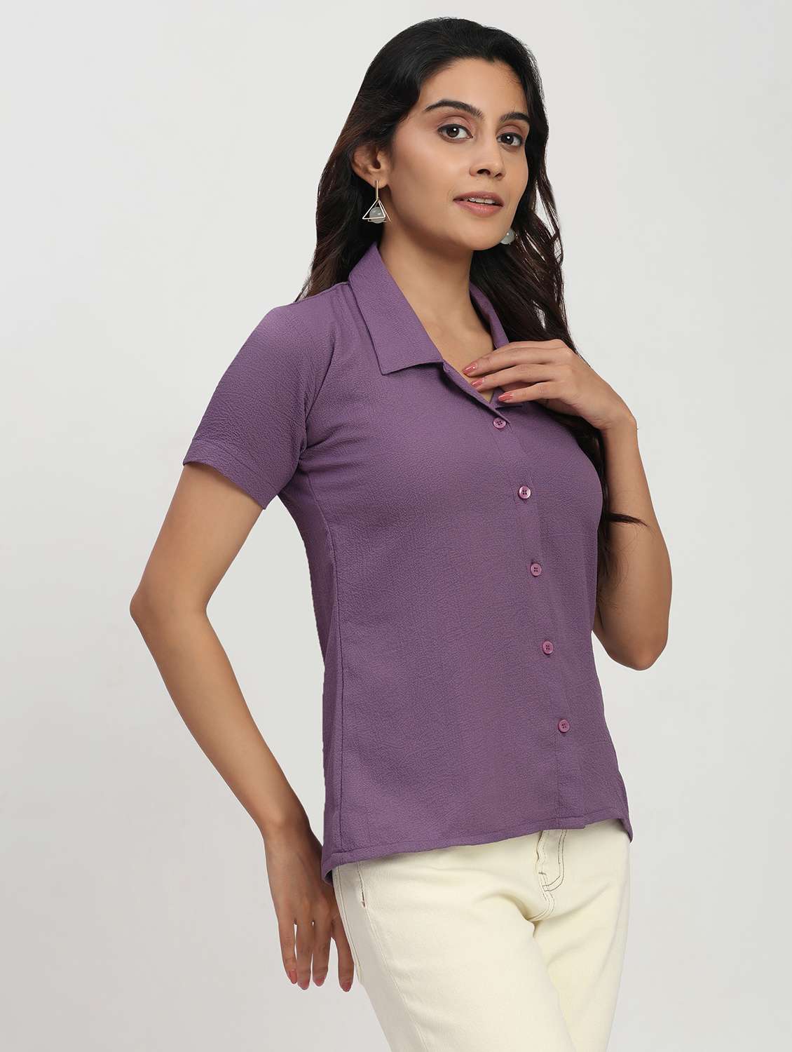women solid short sleeve collared shirt - 22083594 - Standard Image - 1