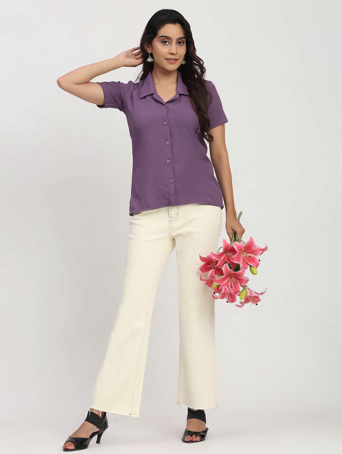 women solid short sleeve collared shirt - 22083594 - Standard Image - 6