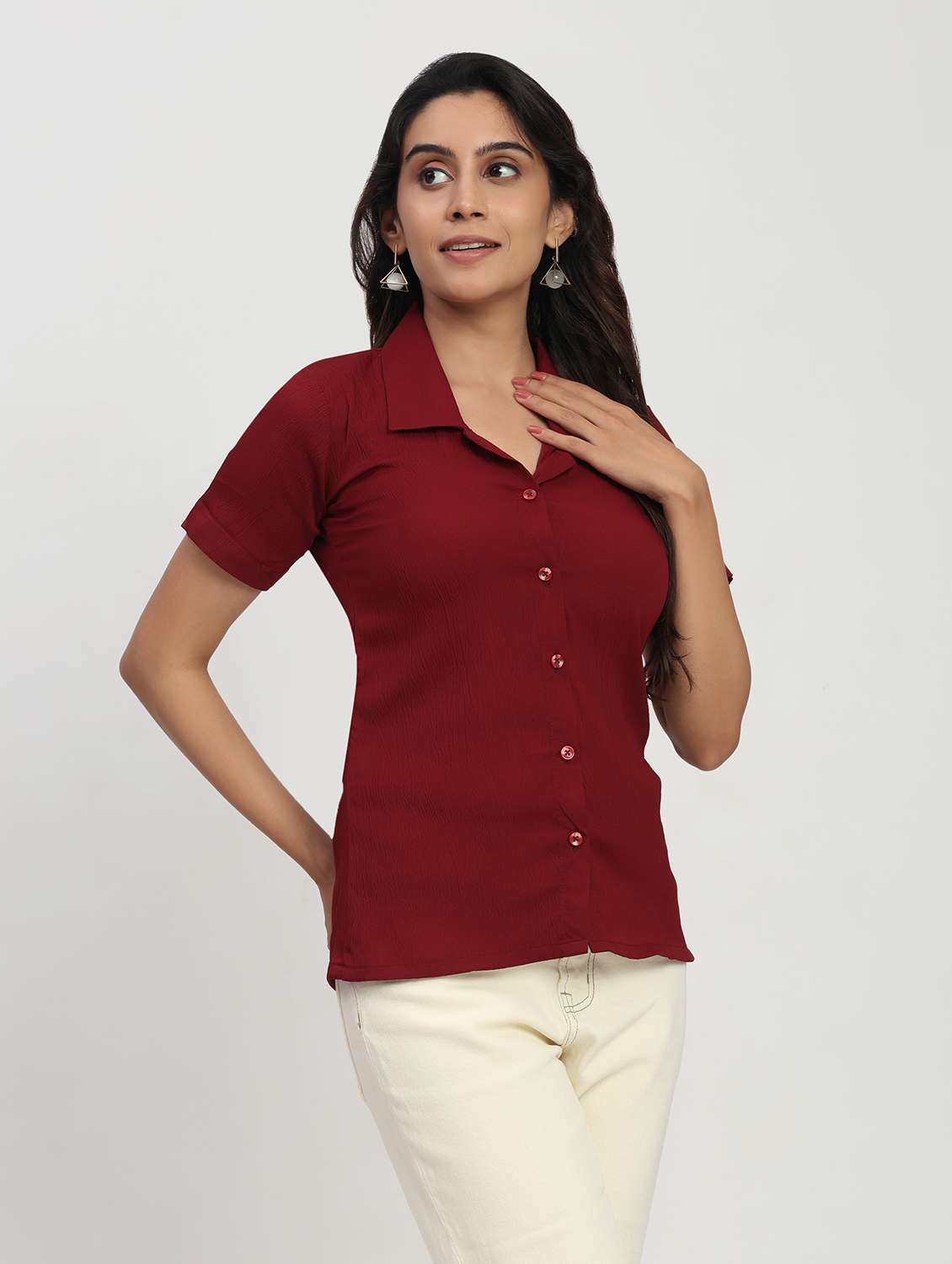 women solid short sleeve collared shirt - 22083595 -  Standard Image - 1