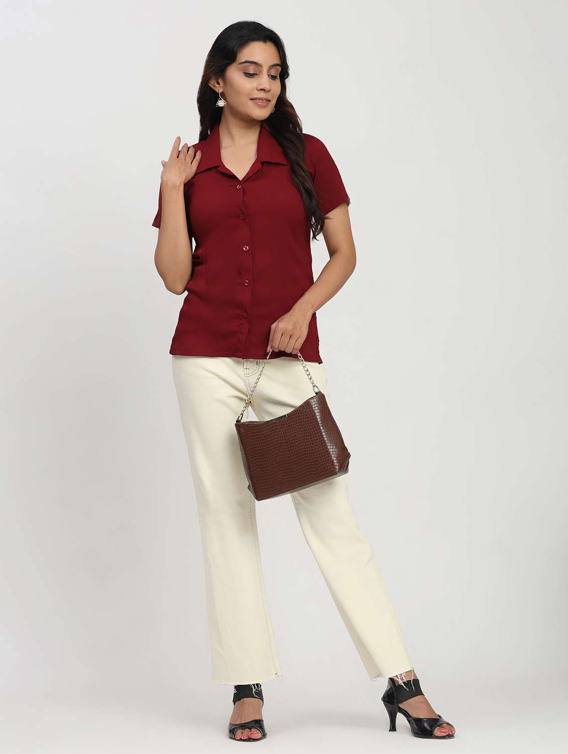 women solid short sleeve collared shirt - 22083595 - Standard Image - 6