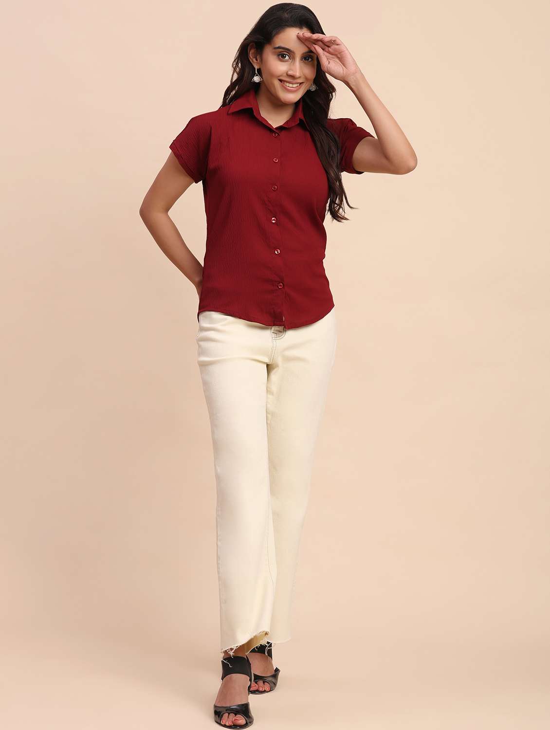 women solid short sleeve collared shirt - 22083598 - Standard Image - 6