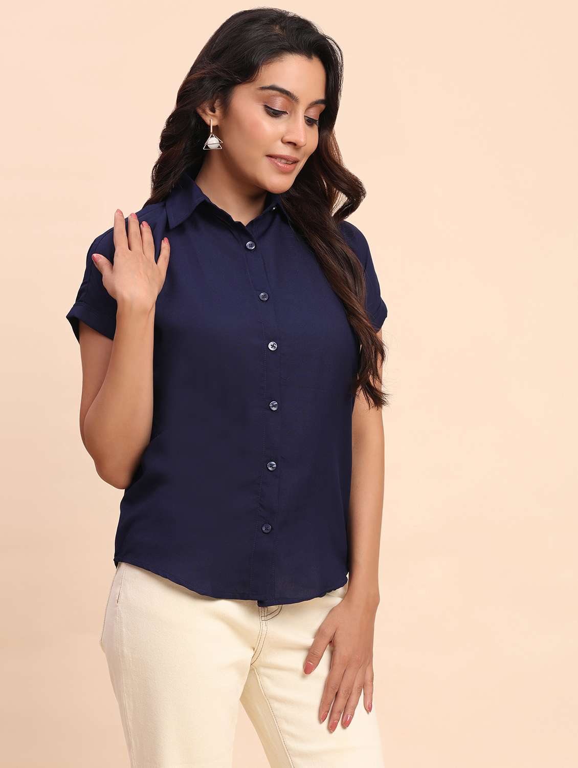 women solid short sleeve collared shirt - 22083600 - Standard Image - 1