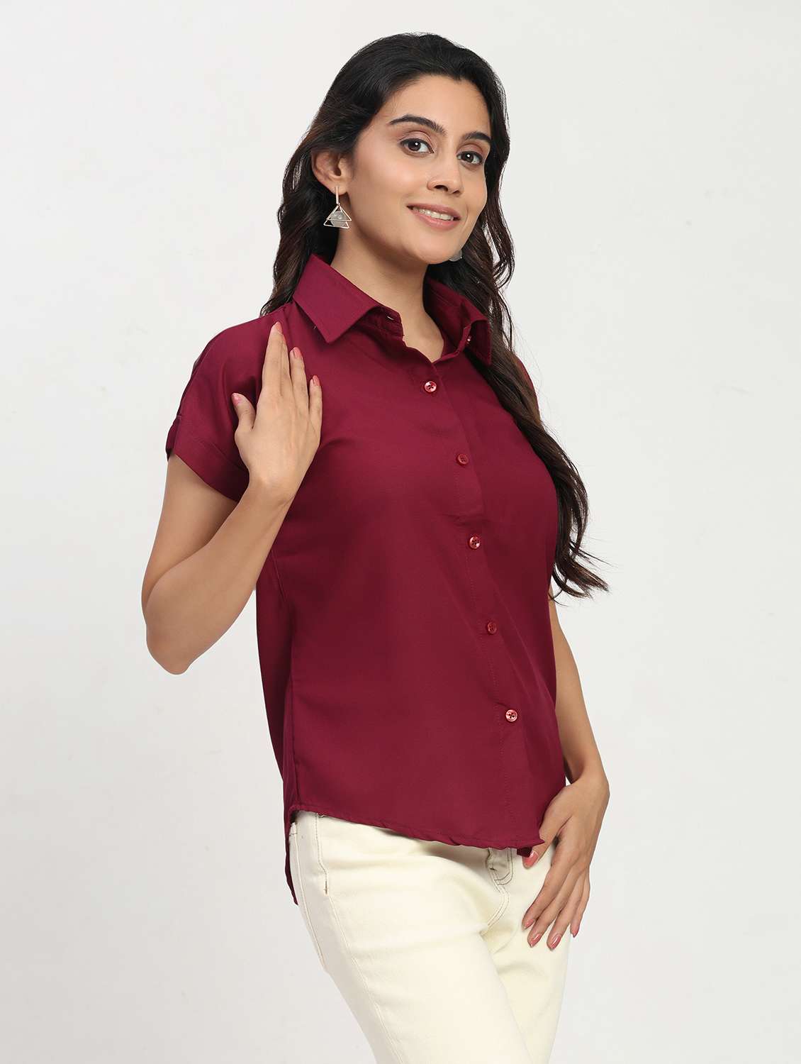 women solid short sleeve collared shirt - 22083601 - Standard Image - 1