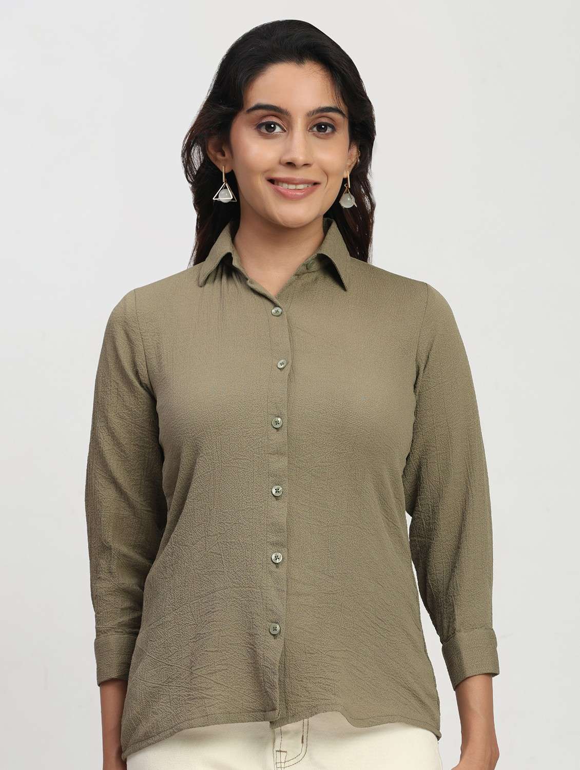 women solid three quarter sleeve collared shirt - 22083604 - Zoom Image - 0
