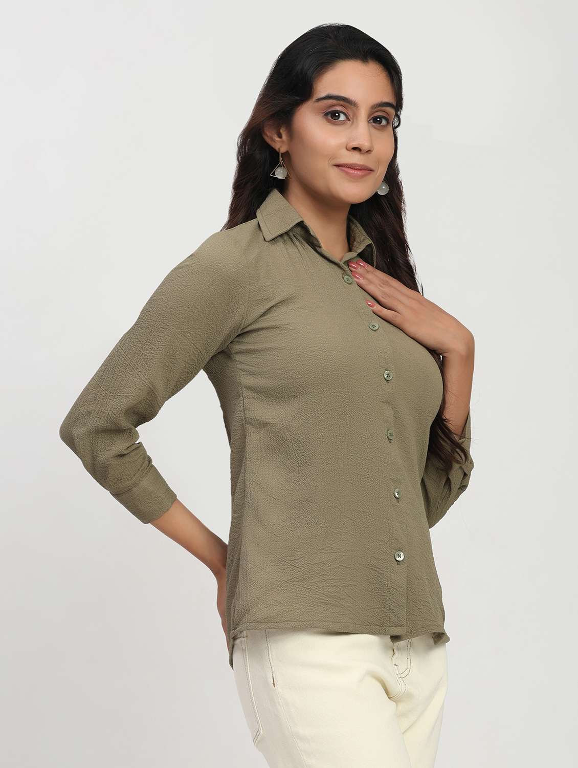 women solid three quarter sleeve collared shirt - 22083604 - Standard Image - 1