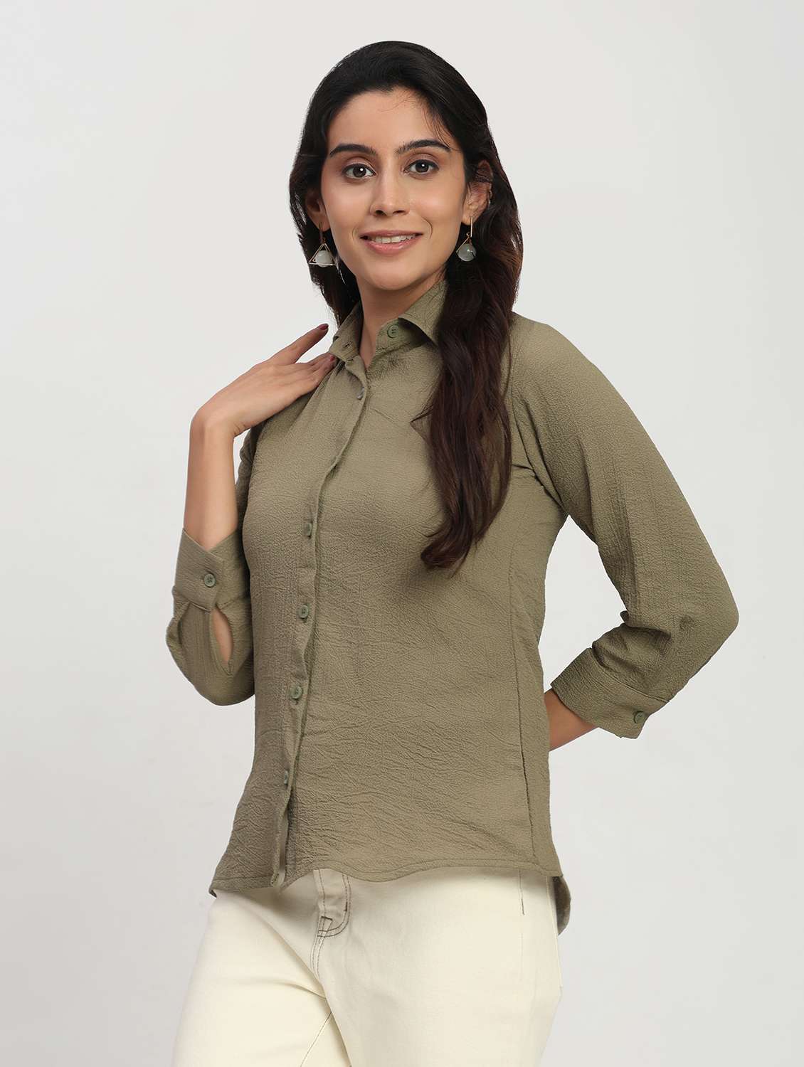 women solid three quarter sleeve collared shirt - 22083604 - Standard Image - 4