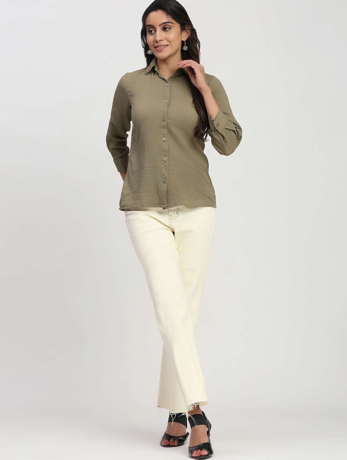 women solid three quarter sleeve collared shirt - 22083604 - Standard Image - 6