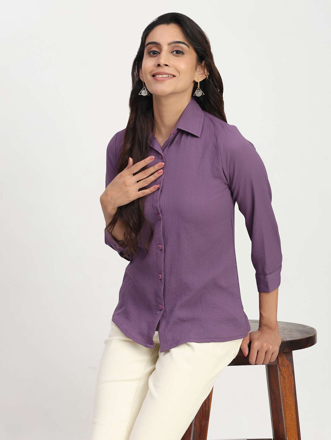women solid three quarter sleeve collared shirt