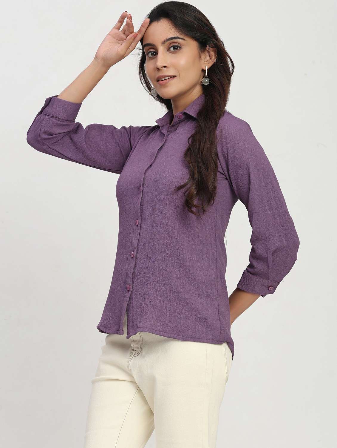 women solid three quarter sleeve collared shirt - 22083605 - Standard Image - 1