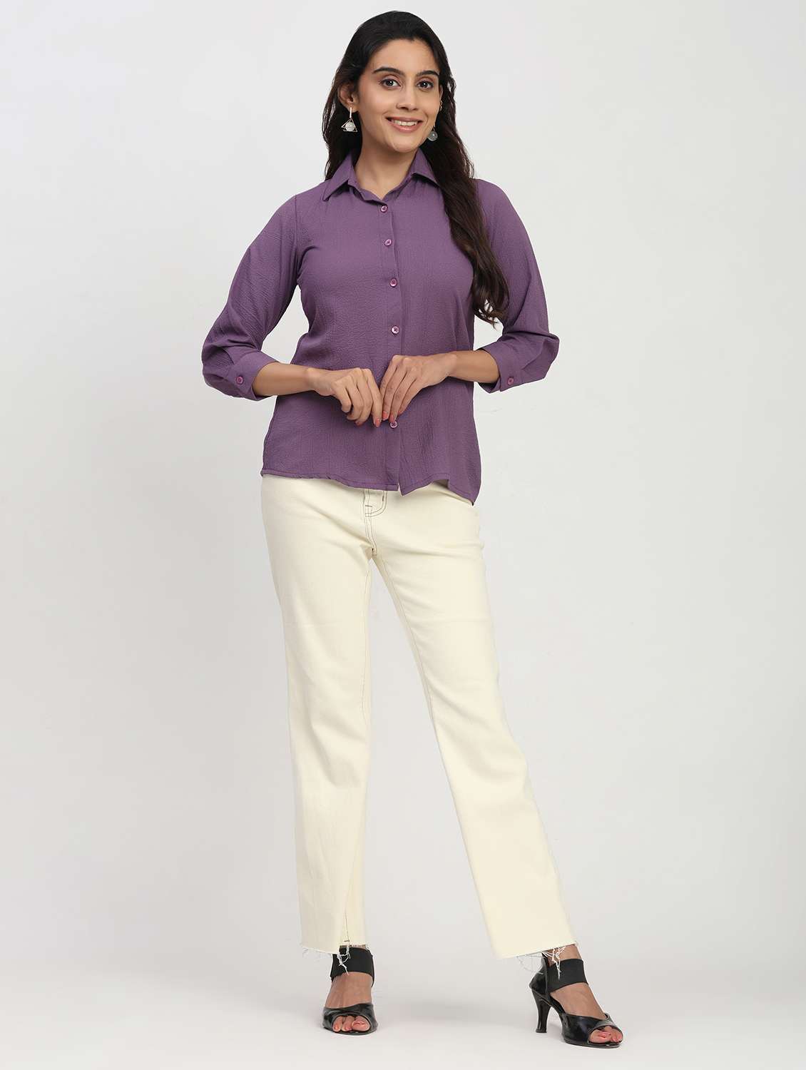 women solid three quarter sleeve collared shirt - 22083605 - Standard Image - 4