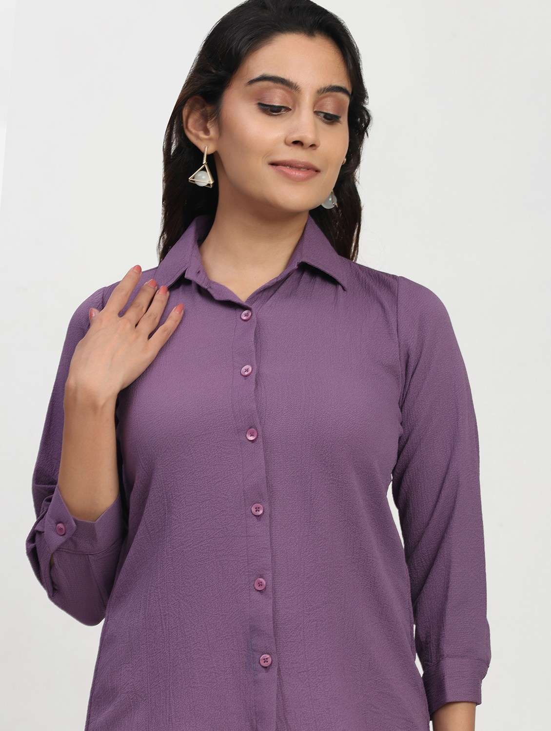 women solid three quarter sleeve collared shirt - 22083605 - Standard Image - 6