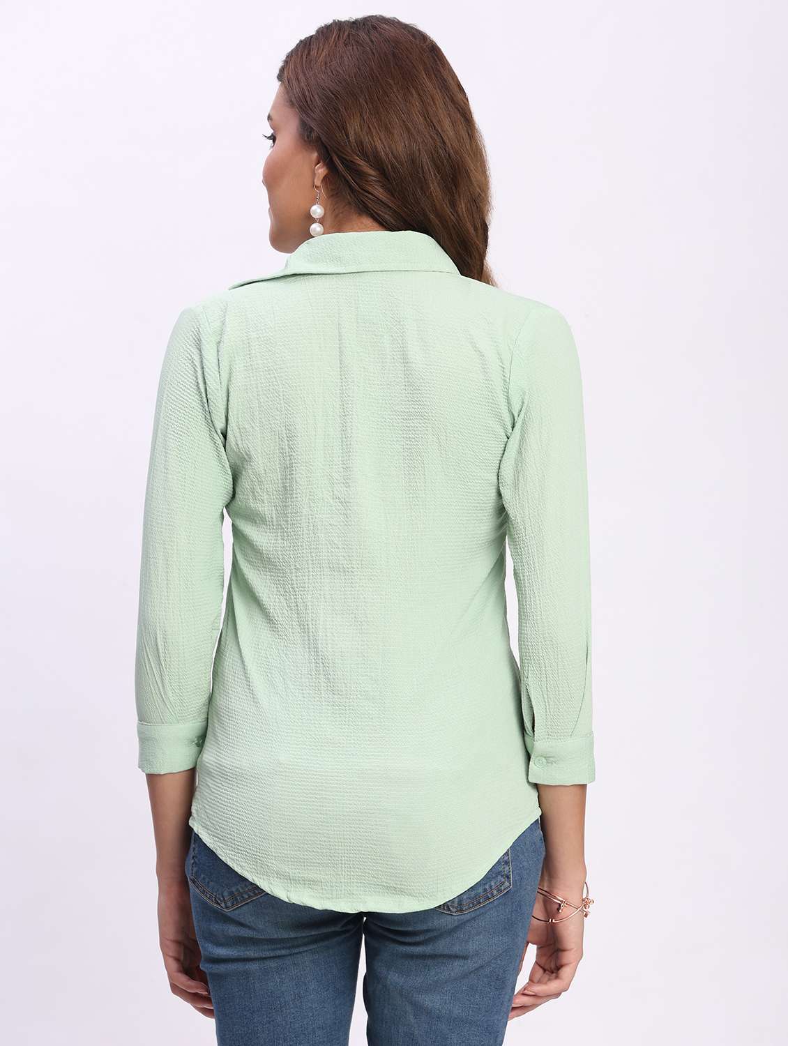 women solid three quarter sleeve collared shirt - 22083606 - Standard Image - 4