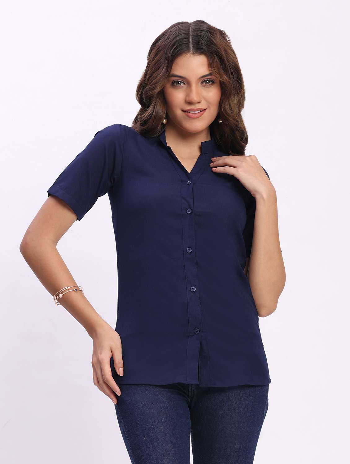 women solid short sleeve mandarin collar shirt - 22083607 - Zoom Image - 0