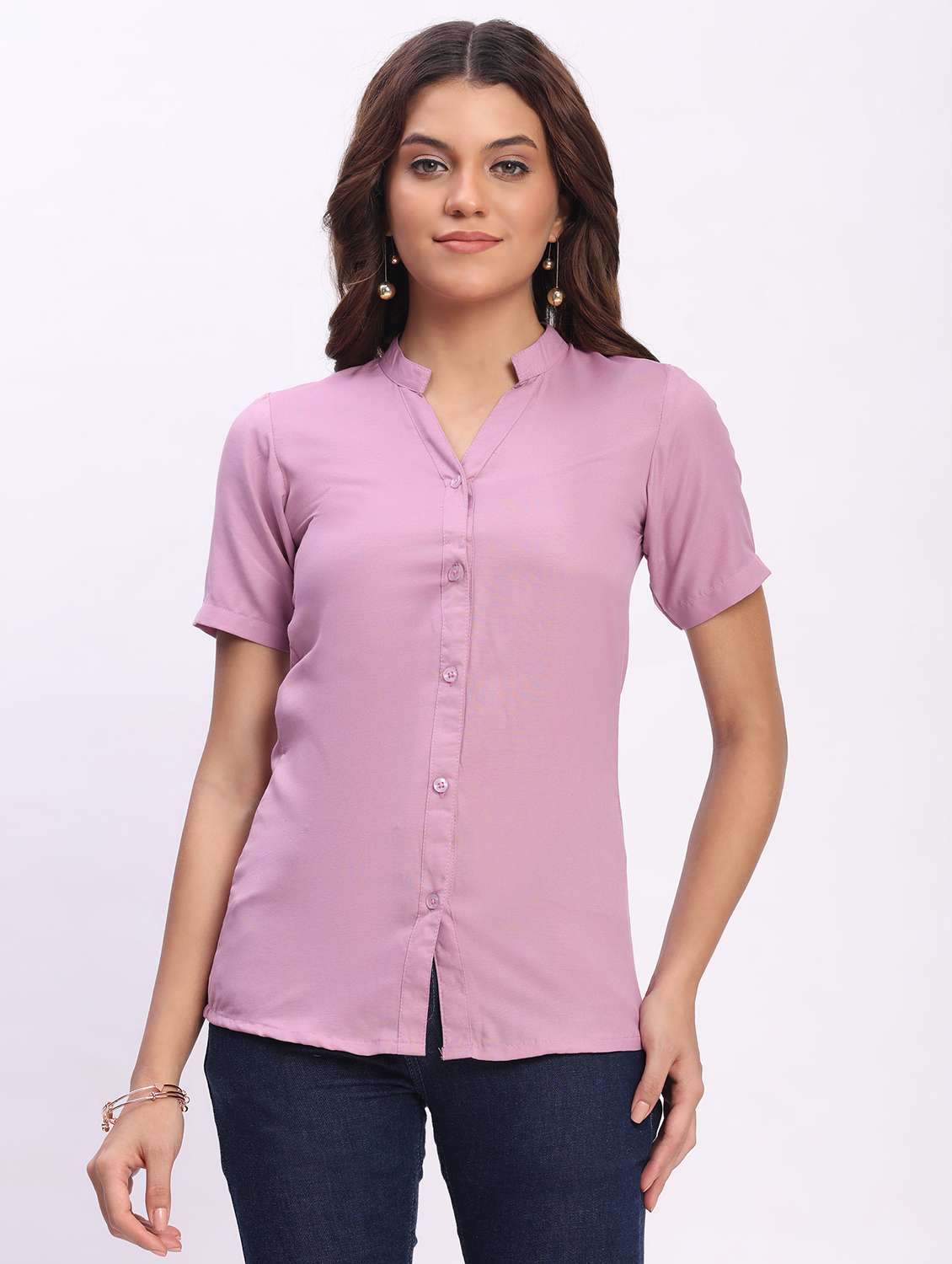 women solid short sleeve mandarin collar shirt - 22083608 -  Standard Image - 1
