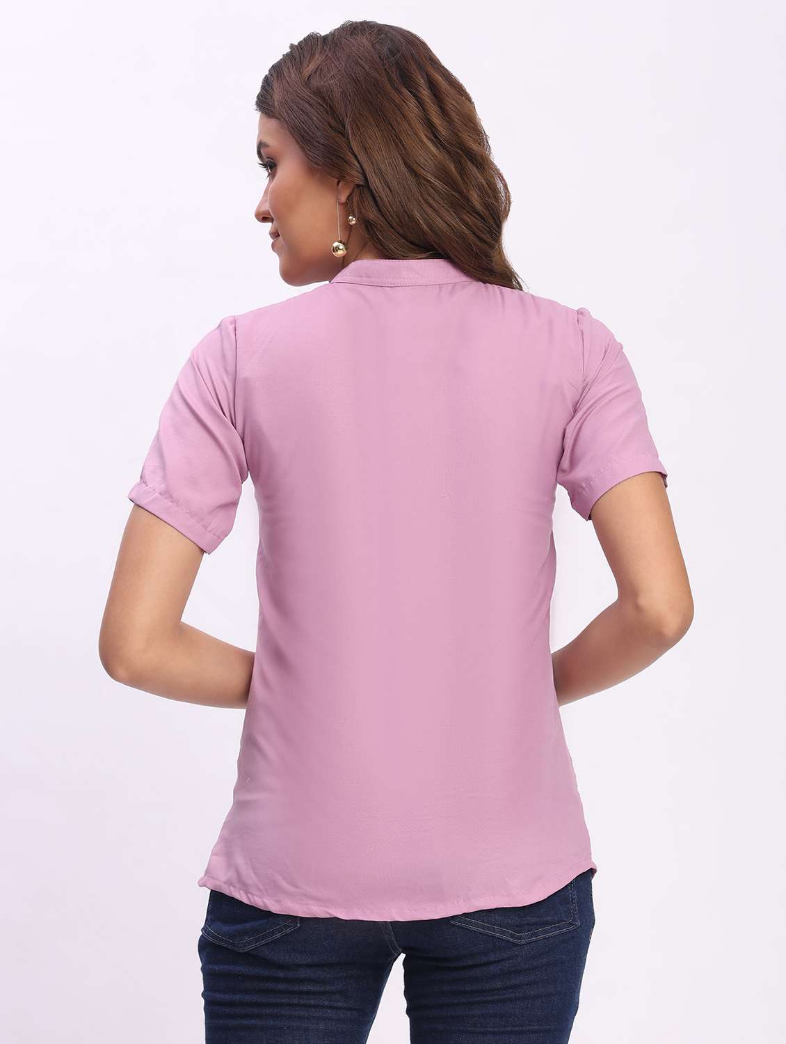 women solid short sleeve mandarin collar shirt - 22083608 - Standard Image - 4