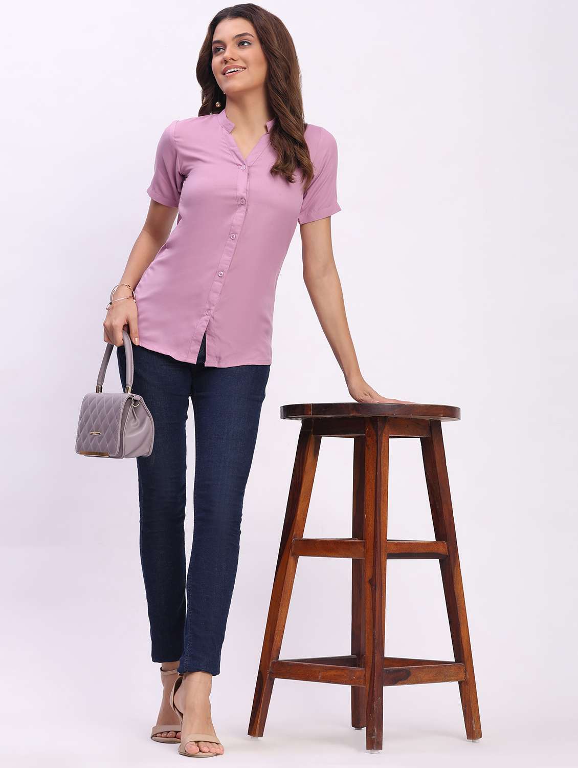 women solid short sleeve mandarin collar shirt - 22083608 - Standard Image - 6