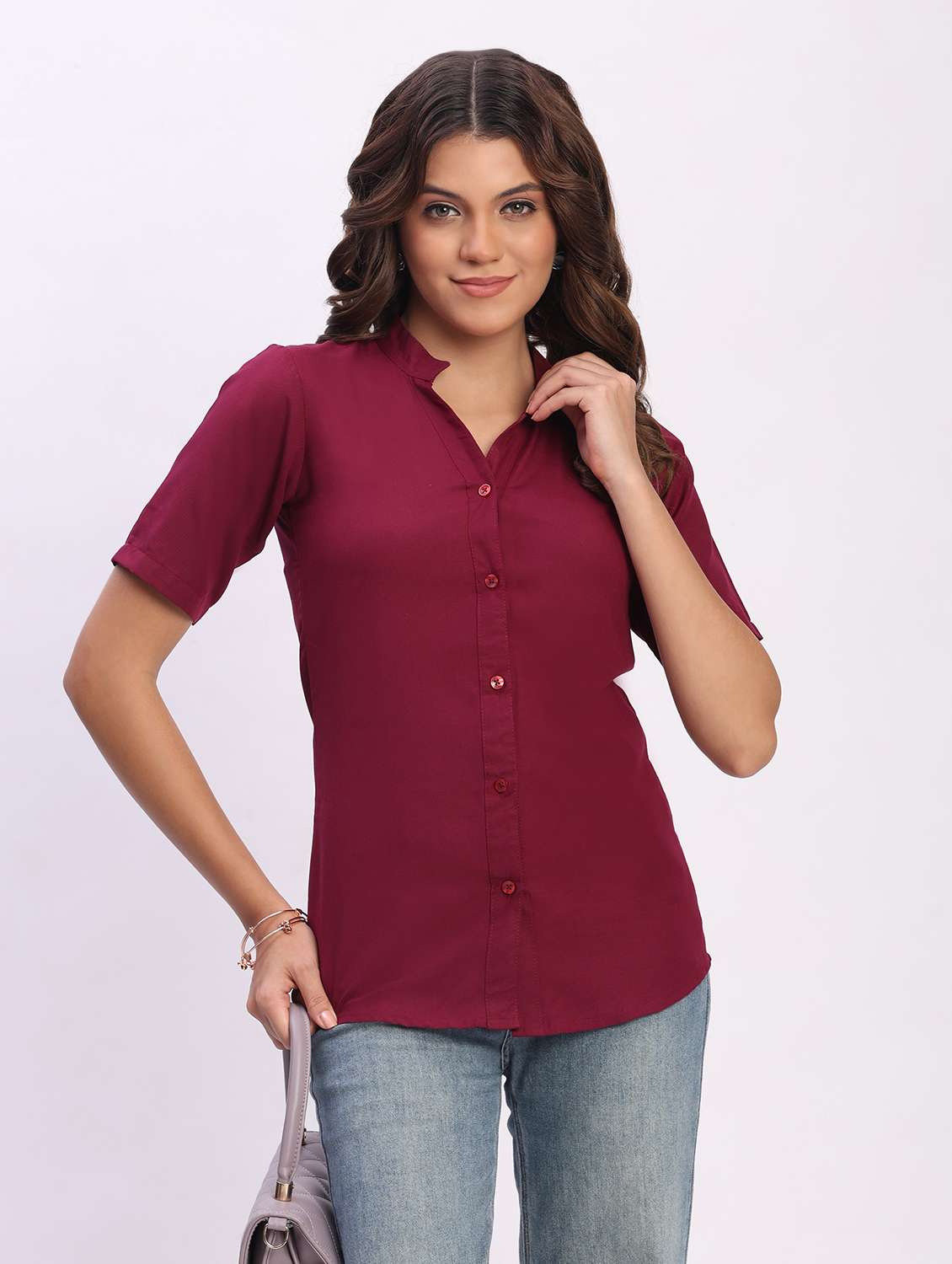 women solid short sleeve mandarin collar shirt