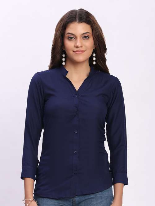 women solid three quarter sleeve mandarin collar shirt - 22083611 -  Standard Image - 0