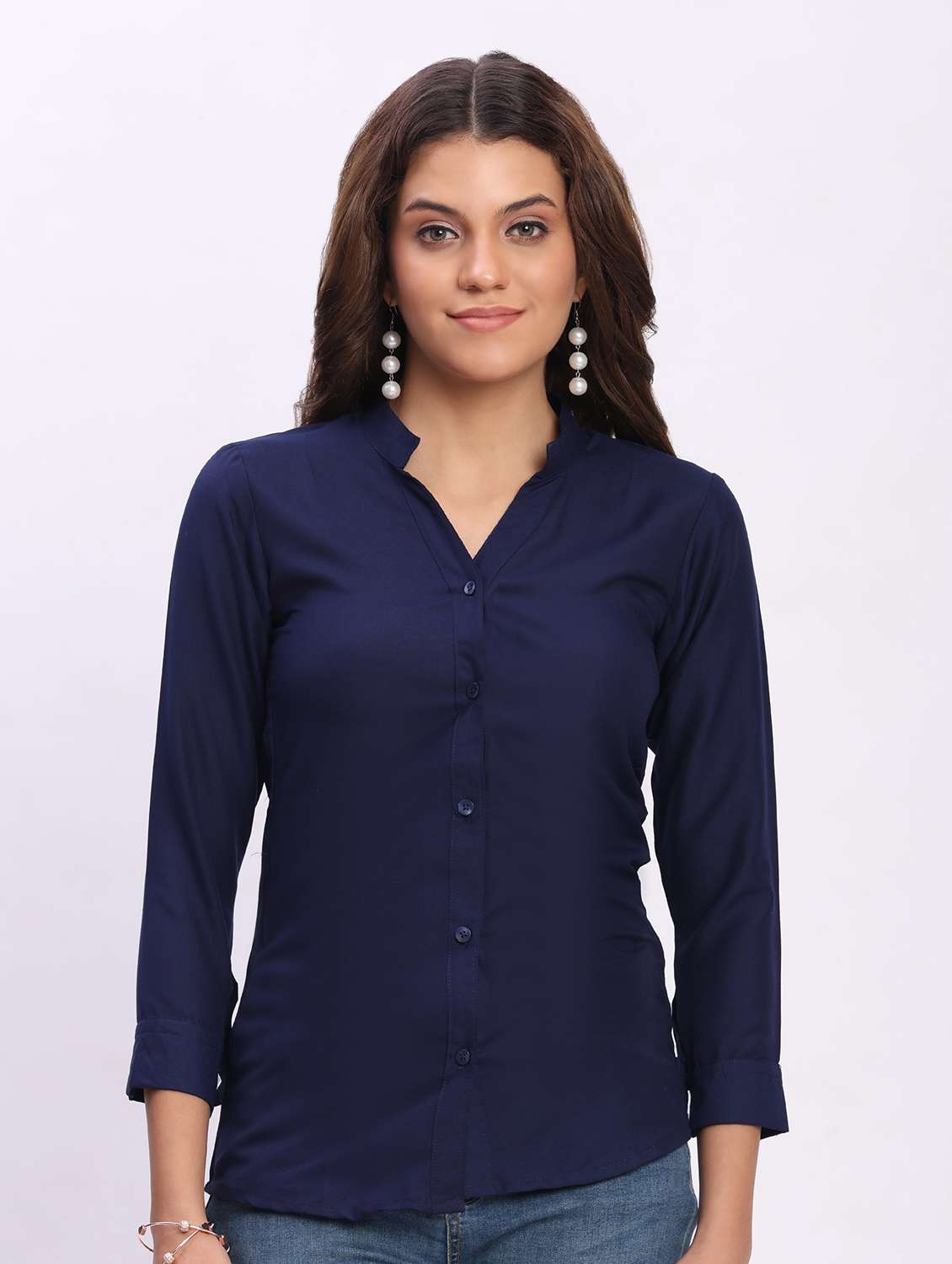 women solid three quarter sleeve mandarin collar shirt - 22083611 -  Zoom Image - 0