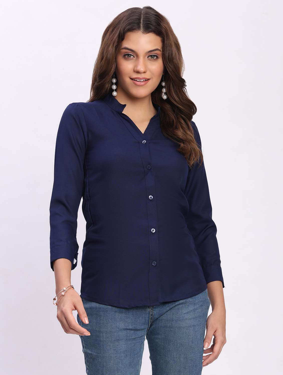 women solid three quarter sleeve mandarin collar shirt - 22083611 - Standard Image - 1