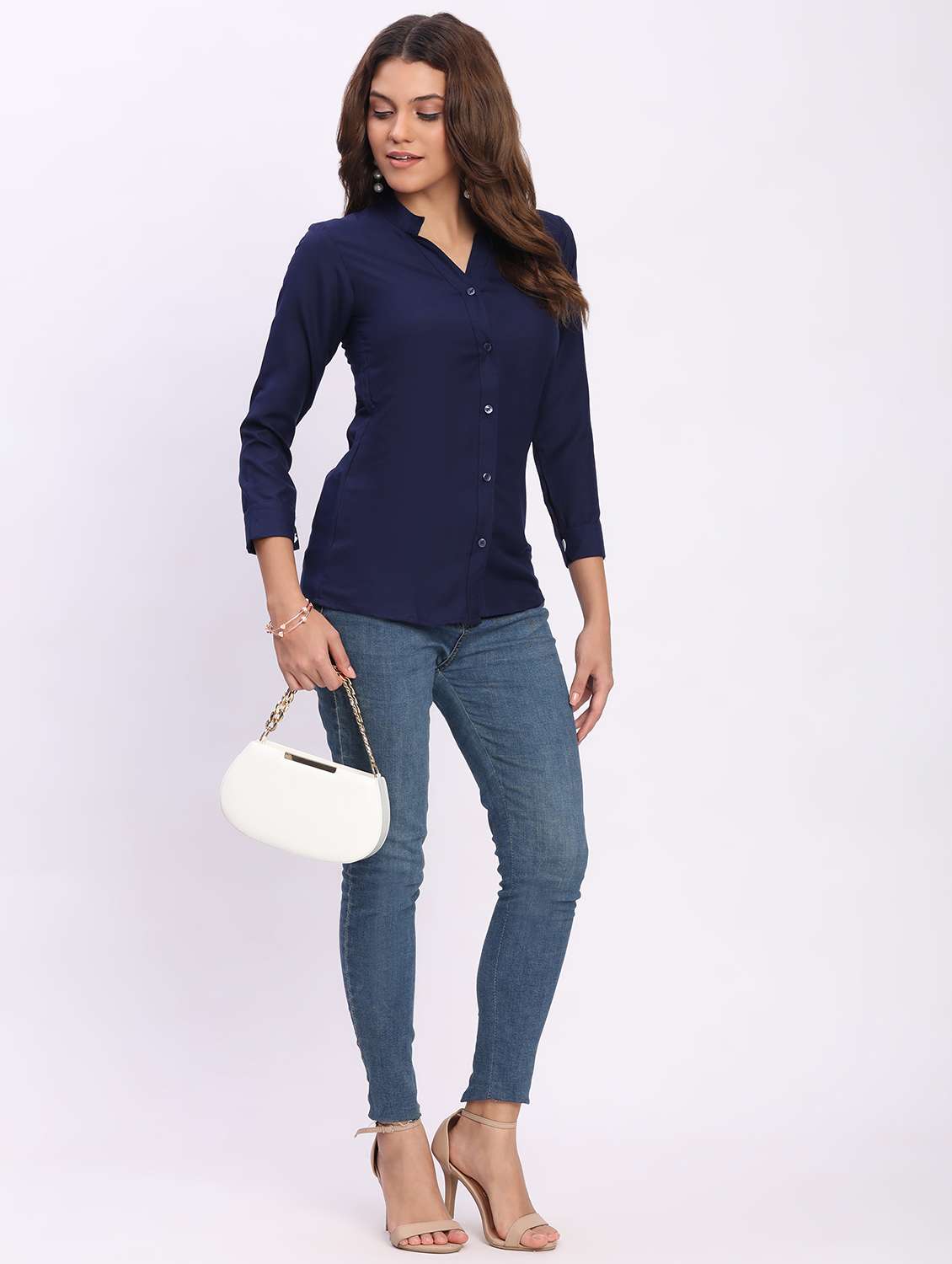 women solid three quarter sleeve mandarin collar shirt - 22083611 - Standard Image - 4