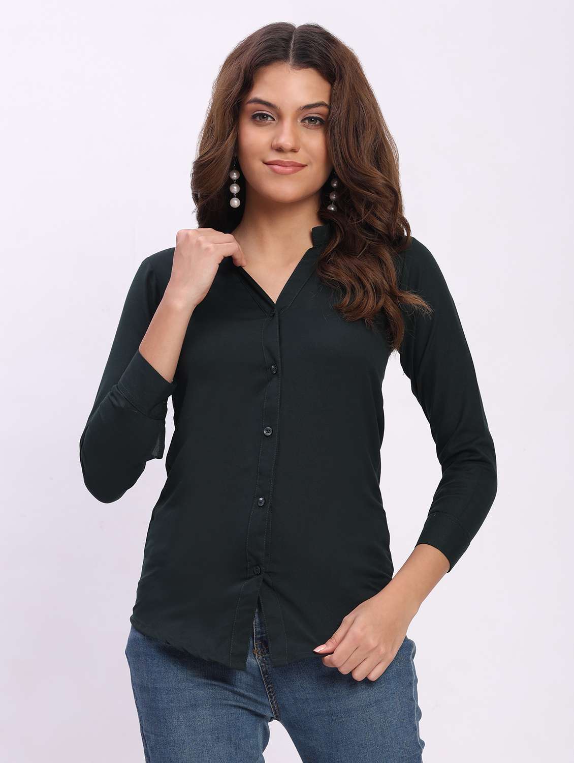 women solid three quarter sleeve mandarin collar shirt - 22083613 -  Standard Image - 1