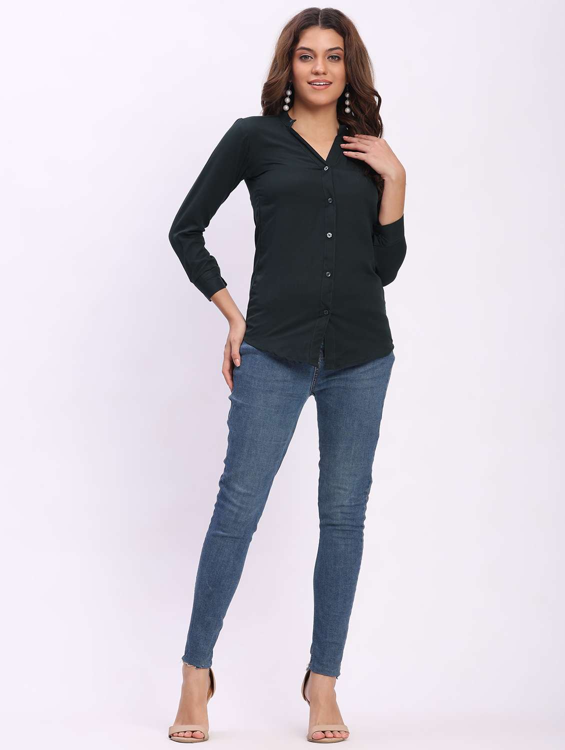 women solid three quarter sleeve mandarin collar shirt - 22083613 - Standard Image - 4