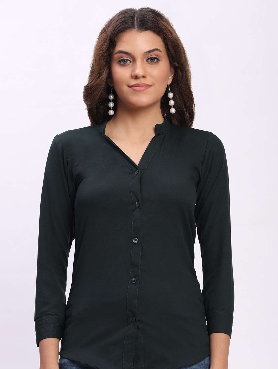 women solid three quarter sleeve mandarin collar shirt - 22083613 - Standard Image - 6