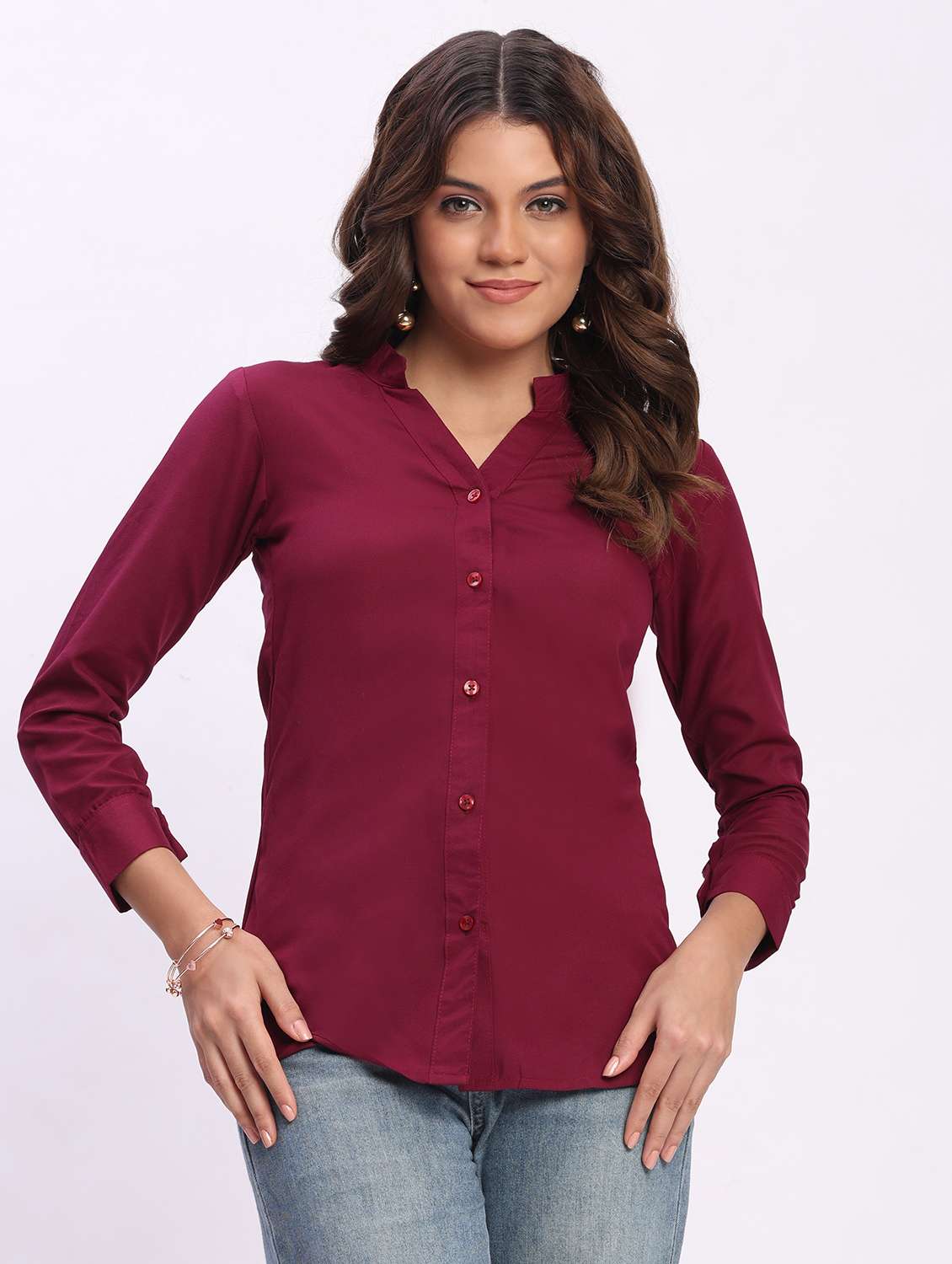 women solid three quarter sleeve mandarin collar shirt - 22083614 - Standard Image - 1